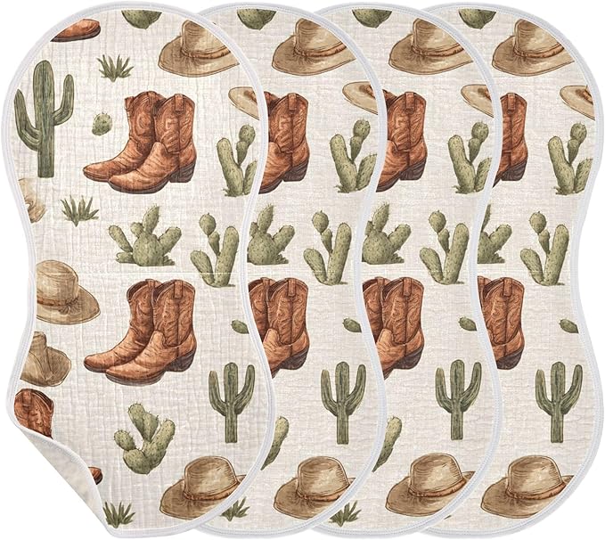 Western Cowboy Boot Retro Burp Cloths Baby Boys Girls Absorbent Soft Cotton Burping Cloths Rags, 4 Pack
