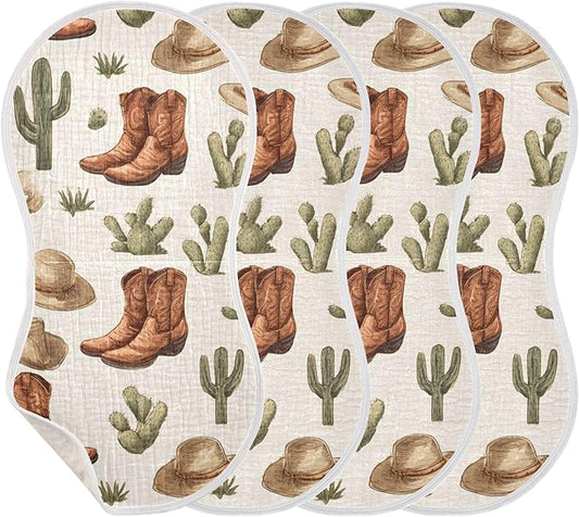 Western Cowboy Boot Retro Burp Cloths Baby Boys Girls Absorbent Soft Cotton Burping Cloths Rags, 4 Pack