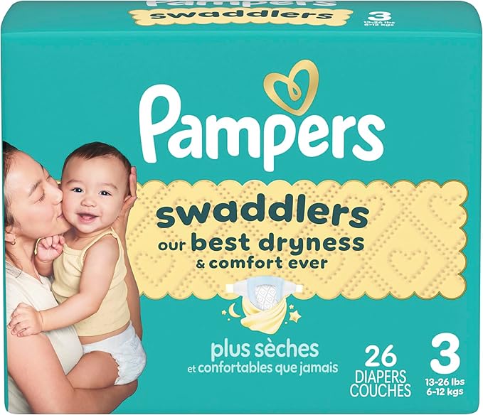 Pampers Swaddlers Diapers, Size 3 (13-26 lbs), 26 Count, Absorbent, Keeps Baby Dry and Comfortable, Skin Safe Disposable Baby Diaper (Packaging May Vary)