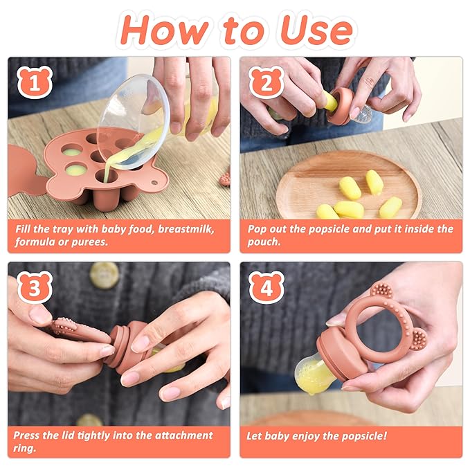 Infant Baby Fruit Feeder & Food Feeder, Breast Milk Popsicle Mold for purees, Baby Teething Relief teether,4pcs self Feeding Sets for Toddler, BPA Free 3 Month + (Muted)