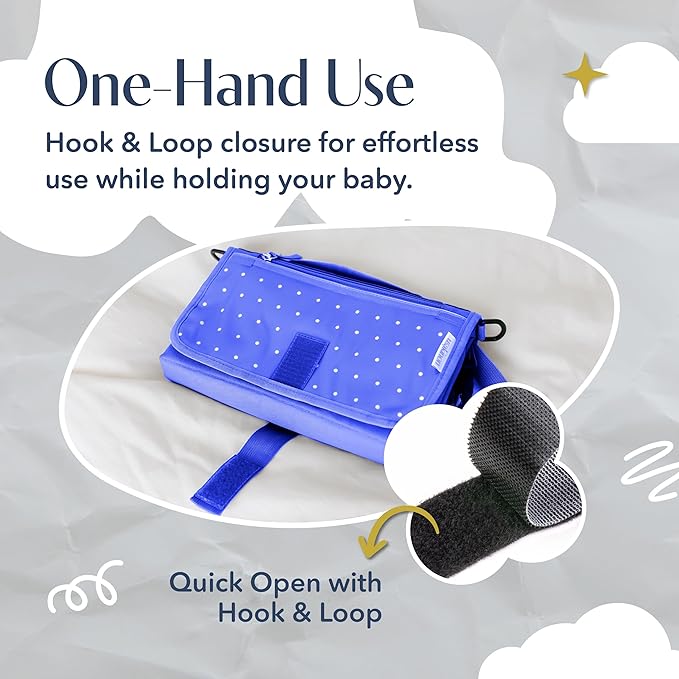 Portable Diaper Changing Mat, Fits Most Changing Tables, One-Hand Hook-and-Loop Fasteners, Front Touchscreen-Friendly Pocket, Blue