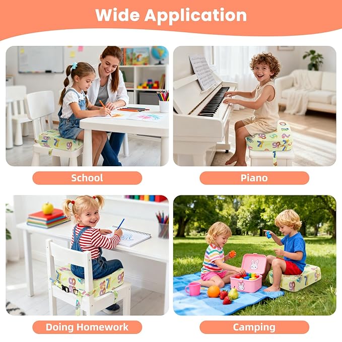 Toddler Booster Seat for Dining Table Kitchen Chair, Kids Booster Seat with Non-Slip Bottom and Adjustable Straps, 4" Detachable Washable Portable Travel Increasing Cushion (Animal Alphabet)