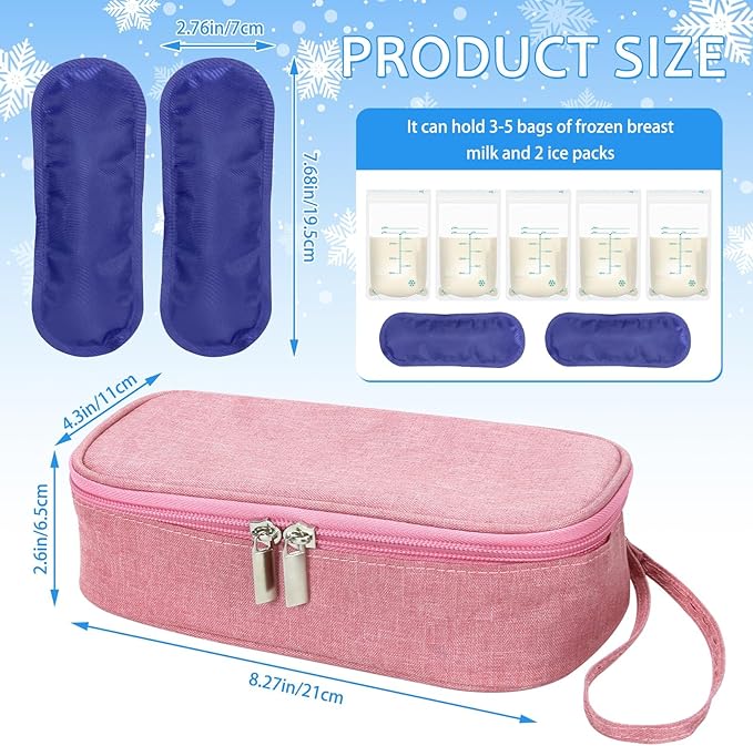 Breastmilk Cooler Bag with Ice Pack, Portable Insulated Breast Milk Storage Cooler Bag, Small Stylish Breastmilk Storage Bag Cooler with Wrist Strap (Pink)