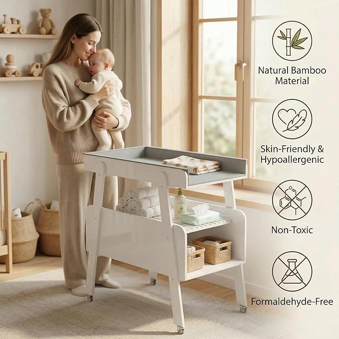 Diaper Changing Station Baby Flat Top Changing Table with Wheels and Changing Pad Nursery Organizer & Storage Rack Mobile Nursery Diaper Changing Table for Baby, Newborn (White)
