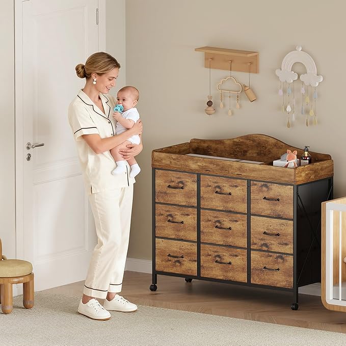 YeTom Baby Changing Table with 9 Fabric Boxes, Waterproof Diaper Changing Station & Pad, Mobile Nursery Diaper Changing Table, Baby Furniture, Rustic Brown
