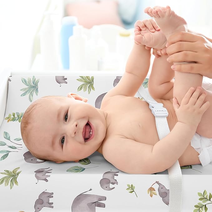 Sweet Jojo Designs Watercolor Elephants Boy Girl Gender Neutral Baby Changing Pad Cover Sheet Infant Newborn Diaper Table Change Mat Cover Sage Green Grey Jungle Safari Palm Trees Leaf Tropical Nature