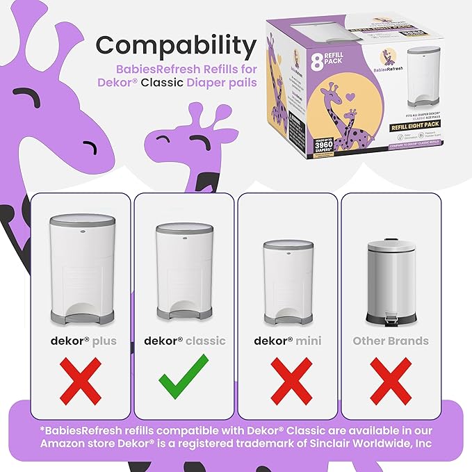Refills Compatible with DEKOR CLASSIC Diaper Pail Refills | 8 Pack | Diaper Pail Odor Eliminator| Fresh Powder Scent | Each Diaper Bag Refill Holds up to 3960 Diapers | Diaper bin refill