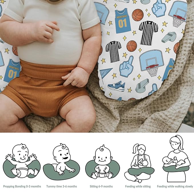 Basketballs Baby Nursing Pillow Covers for Boy Girl Basketballs Fan Stars Suits Nursery Pillowcase for Breastfeeding Pillows Outdoor Sports Lovers Gift Soft Stretchy Slipcover for Newborn Infant