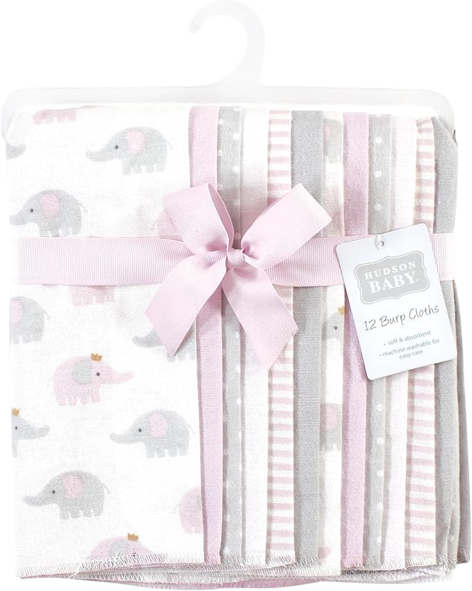 Hudson Baby Unisex Baby Cotton Flannel Burp Cloths Bundle, Lilac Elephants, One Size