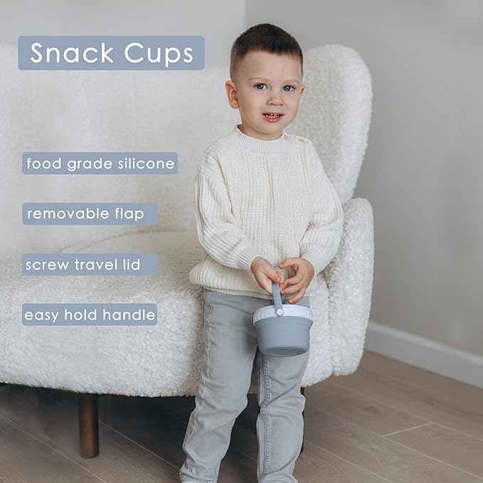 No Spill Silicone Toddler Snack Containers, Detachable Silicone Flap for Filling&Cleaning, Crumb-Free Hard Plastic Screw Travel Lid, Ultra-Soft for Baby Kids Hand In-Out, Snack Cup Holder 12 oz