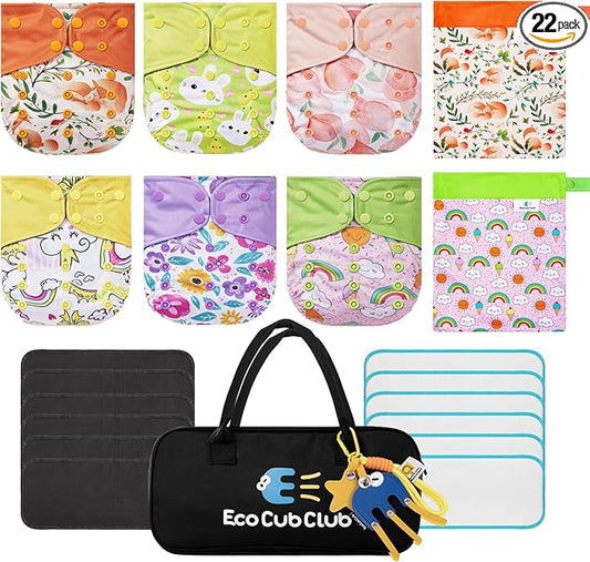 Reusable Washable Cloth Diapers 6pcs for Baby Shower,Leak-Proof Double Gussets Fleece Lining,12 Soft Fleece Inserts & 2 Wet Bags,Packed in Durable Travel Handbag&Key Chain-G-07-F