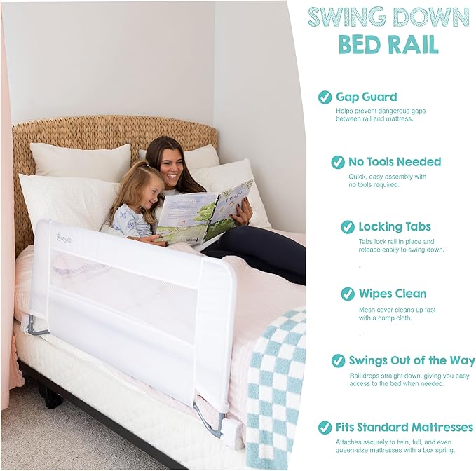 Regalo Swing Down Toddler Bed Rail Guard, NO Tools Required, Bed Rail for Toddlers with Patented Gap Guard, Toddler Bed Rail, Fits Twin, Full & Queen Beds, Bed Safety Rail for Kids Bed, 43” Long