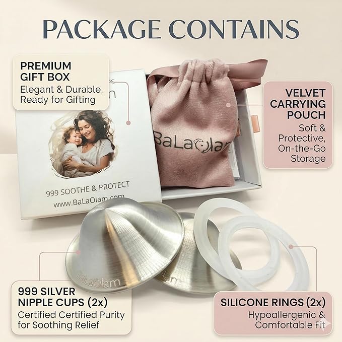 999 Pure Silver Nursing Cups for Breastfeeding – Lactation Consultant Recommended – Natural Soothing Relief for Sore or Cracked Nipples – Includes 2 Silicone Rings and Travel Case