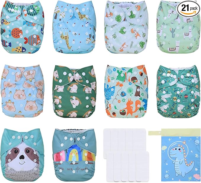 TDIAPERS Cloth Diaper Covers Reusable Washable Pocket Diapers One Size Adjustable for Baby 10 Pack with 10 Pcs Microfiber Inserts, 1 Wet Bag
