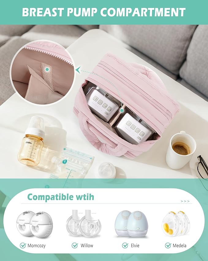 Wearable Breast Pump Bag Compatible with Momcozy and Eufy, Portable Pumping Bag with Cooler Compartment, Breast Pump Carrying Case with Drying Mat for Work, Travel and Family Use, Pink