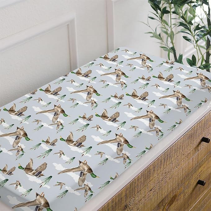 HawSkgFub Duck Hunting Mallard Hunter Changing Pad Cover for Baby Boys, Wild Animal Bird Reeds Blue Diaper Change Table Covers, Soft Stretchy Safe Snug Fitted Changing Mat Sheets Fit 32"/34" x 16"
