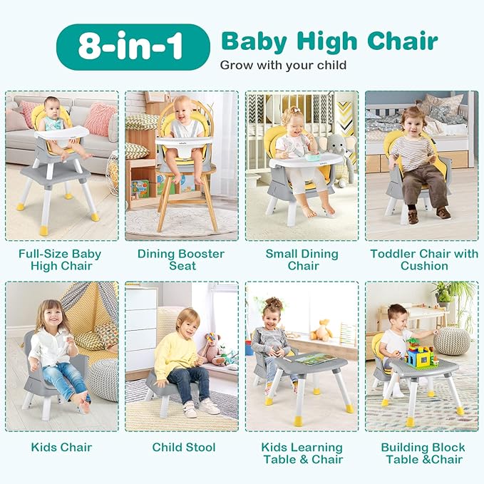 GLACER 8 in 1 Convertible Baby High Chair - Adjustable High Chairs for Babies and Toddlers with Removable Tray, Dual Cushions, Activity Table and Chair Set, Booster Seat, Stool (Yellow)