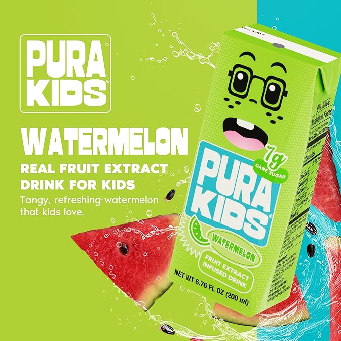 PURA Kids Box | Watermelon Fruit extract infused Drink for kids | 7g Pure Cane Sugar | Non-GMO | Vegan, No Artificial Sweeteners | Best Lunchbox Beverage with Paper Straw | 6.76 fl oz (200ml), Pack of 24