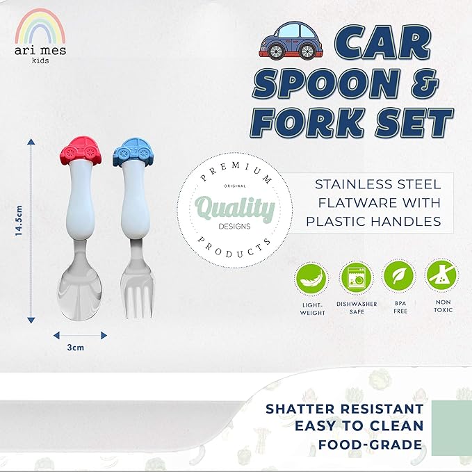 ARI MES - BPA-Free Toddler Car Utensils - Easy-Grip Car Spoon and Fork Set for Kids