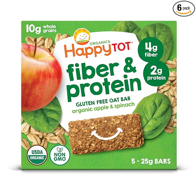 HAPPYTOT Organics Fiber & Protein Soft-Baked Oat Bars Toddler Snack Apple & Spinach, 0.88 Ounce Bars, 5 Count Box (Pack of 6)