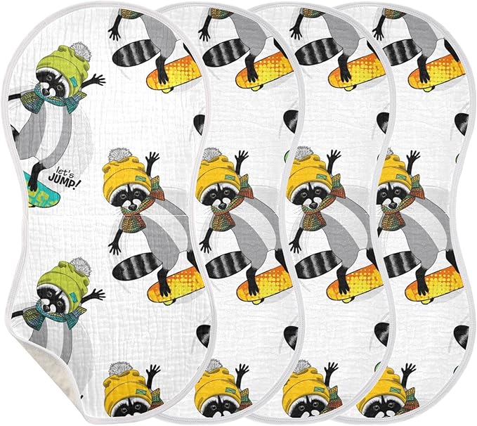 Raccoon and Skateboard Pattern Muslin Burp Cloths for Baby 4 Pack 100% Cotton Baby Washcloths Bibs for Boy Girl