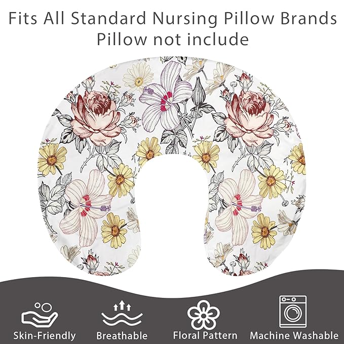 Nursing Pillow Cover, Stretchy Breastfeeding Pillow Slipcover for Baby Girls, Soft Snug Fits On Newborn Feeding Pillowcase, Floral