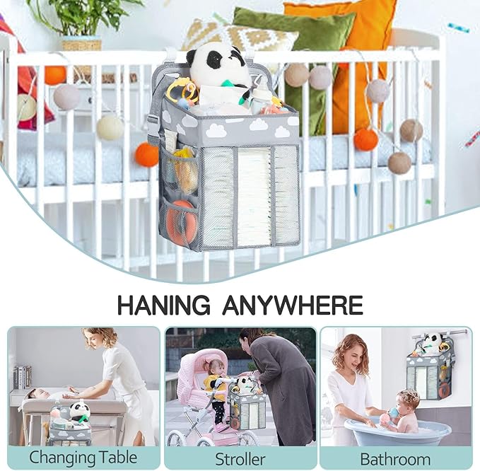 Baby Diaper Caddy Organizer, Multi-Compartment Nursery Baby Diaper Caddy with Adjustable Straps, Portable Hanging Diaper Stacker for Stroller, Car, Travel, Nursery (Grey)
