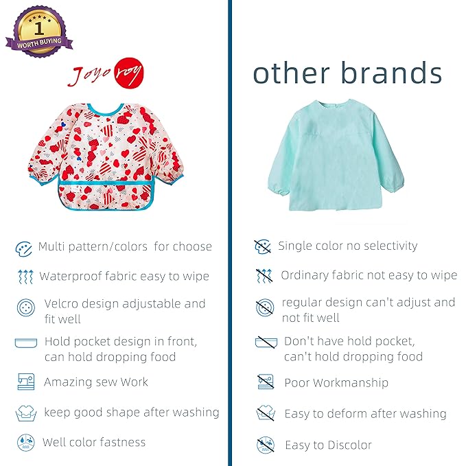 Joyo roy Mess Proof Baby Bibs for Baby Girl Waterproof Toddler Bibs 1-3 Years Soft Machine Washable Long Sleeve Bib for Eating Travel Reusable Apron for Feeding Bib with Food Catcher