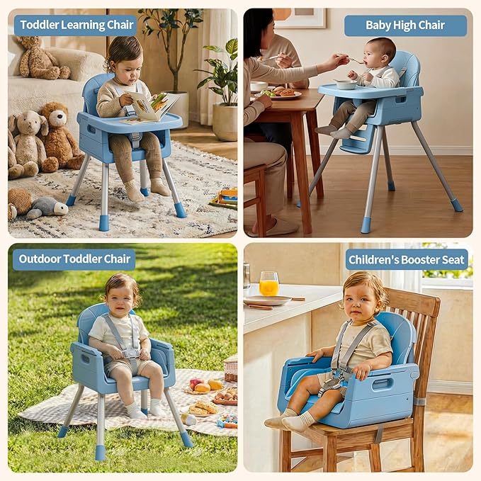 3 in 1 Convertible High Chairs for Toddlers 1-3 Baby Feeding Chair with Tray Wipeable Infant Highchair Sit Up High Chair for Babies and Toddlers with 5-Point Safety Harness & Cushion Blue