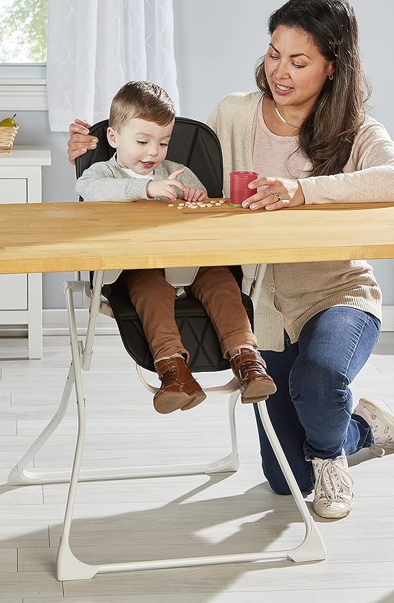 Primo PopUp Folding High Chair for Baby Age 6 to 36 Months - Black Folding Beach Style High Chair with Removable Dishwasher Safe Tray, 3pt Safety Harness, Leatherette Seat - Space Saving Design