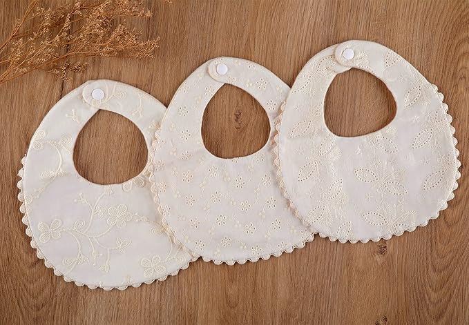 Baby Bib For Girls,Reversible Waterproof Handmade Natural Cotton Baby Drool Bib 0-12 months 2 Pack (off-white color A, 0-12 months)