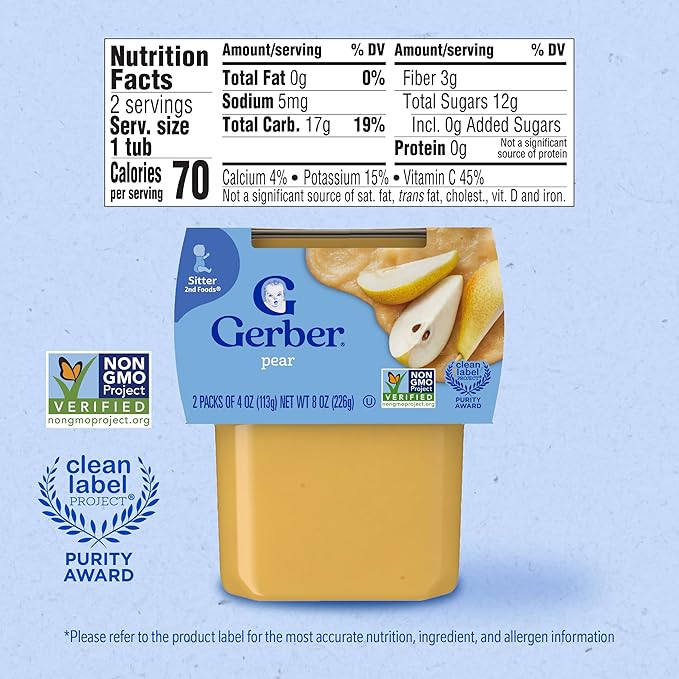 Gerber Stage 2 Baby Food, Pear Puree Tub, No Artificial Colors or Flavors, Baby Puree, 16-Pack
