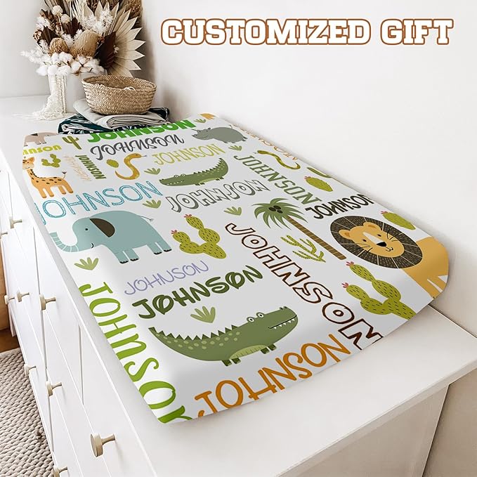 Custom Name Changing Pad Cover - 2 Piece Customizable Changing Pad Cover - Animal Print Cotton Toddler Baby Pee Pad Cover for Changing Table Nursery Protector