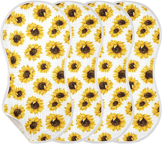 Muslin Burp Cloths for Baby Boys and Girls - 4-Pack Ultra Absorbent Sunflower Muslin Washcloths, Newborn Towel, Milk Spit Up Rags, Burp Cloth Bib for Unisex, 22 x 11 Inch