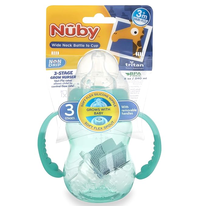 Nuby 3 Stage Tritan Wide Neck Grow with Me No-Spill Bottle to Cup, 8 Oz, Teal (Pack of 2)