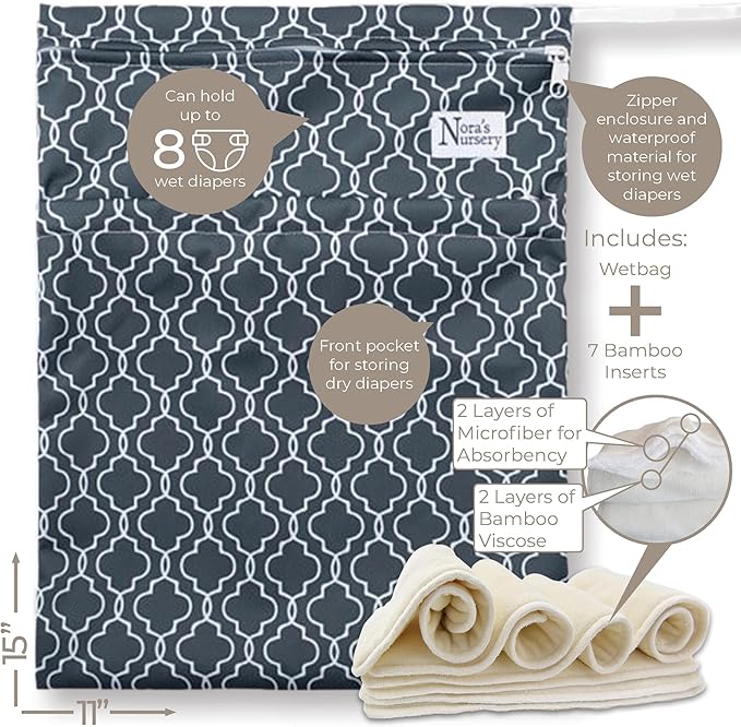 Nora's Nursery Cloth Diapers 7 Pack with 7 Inserts & 1 Wet Bag - Waterproof Cover, Washable, Reusable & One Size Adjustable Pocket Diapers for Newborns and Toddlers-Pacific Neutrals