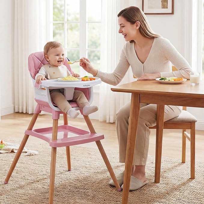 BABY JOY 8-in-1 High Chair, Convertible Wooden Highchairs for Babies and Toddlers | Dining Booster Seat | Toddler Stool, Double Removable Tray, 5-Point Safety Harness & Waterproof PU Cushion (Pink)