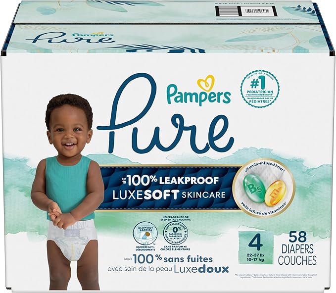 Pampers Pure Baby Diapers, Size 4 (22-37 lbs), 58, Up to 100% Leakproof, Premium Hypoallergenic Soft Diapers
