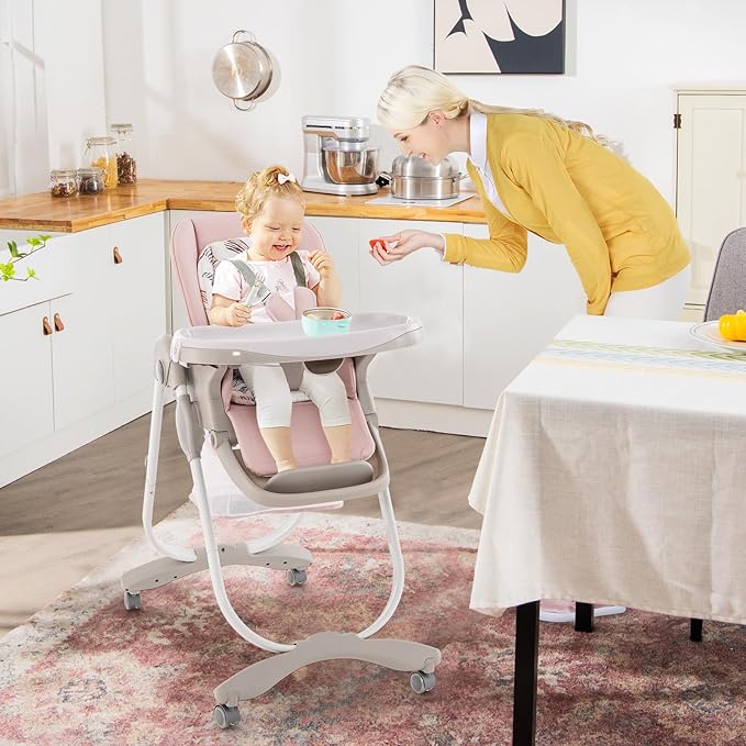 BABY JOY High Chair, Foldable Baby High Chair with Adjustable Height, Recline & Footrest, Double Removable Tray, Storage Basket, Portable Chair with Wheels for Babies & Toddlers (Pink)