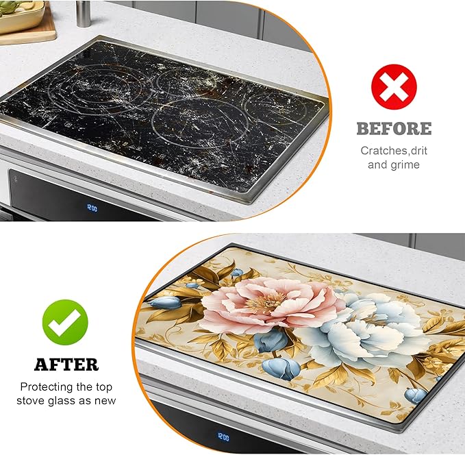 Multi-Design Stove Top Cover for Glass/Electric Stoves - 3-in-1 Heat-Resistant Protector Mat, Non-Slip Drying Rack 28"x20" (Pink-White Peony)