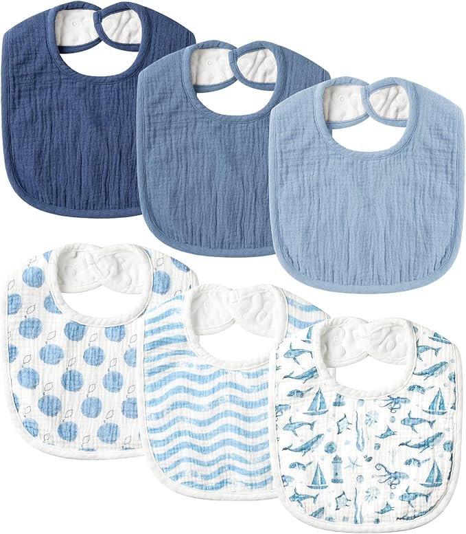 POIKSHARK 6-Pack Muslin Baby Bibs for Unisex Boys Girls, Cotton Baby Drool Bibs, Drooling and Teething Bibs for Infant