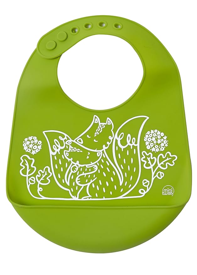 modern-twist Bucket Bib 100% plastic free silicone, waterproof, adjustable, dishwasher safe, Green Foxes