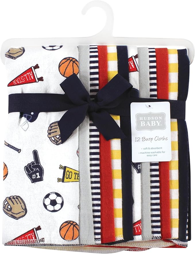 Hudson Baby Unisex Baby Cotton Flannel Burp Cloths Bundle, Sports Fan, One Size