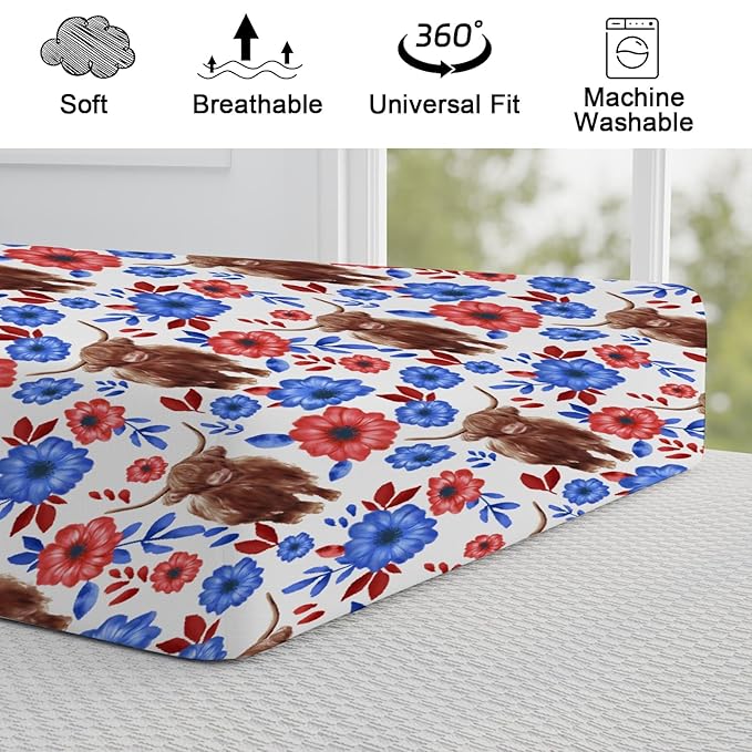 Highland Cows Boho Floral Changing Pad Cover Cute Yak Red Blue Flowers Diaper Changing Table Cover Sheets for Boys Girls Soft Breathable Stretchy Fitted Changing Table Mats 32''x16''