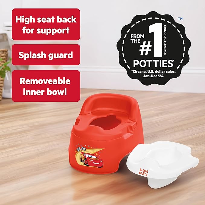 Bright Starts Disney and Pixar Cars Full Comfort Potty Training Toilet, Easy Clean Removable Bowl, Splash Guard, High Back for Comfort & Stability, Toddlers up to 50 lbs