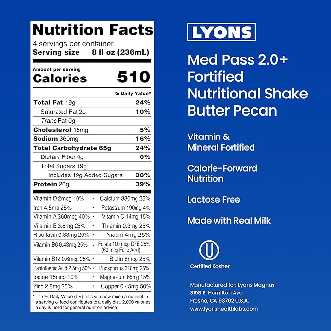 MED PASS® 2.0 Fortified Nutritional Shake, Butter Pecan Flavor High-Calorie Nutrition Drink for Medication Pass Programs and Reduced Appetites, Vitamin and Mineral Fortified, 32 fl oz - 12 Pack