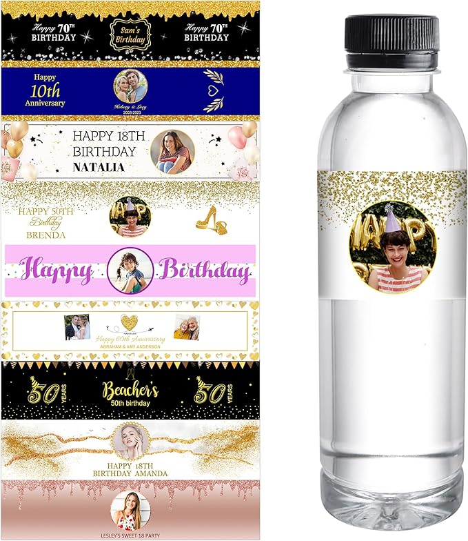 Personalized Water Bottle Labels for Birthday Anniversary Custom Happy Birthday Labels with Name for Water Bottle Stickers Waterproof Printable Photo Bottle Labels Gifts 50 Pcs