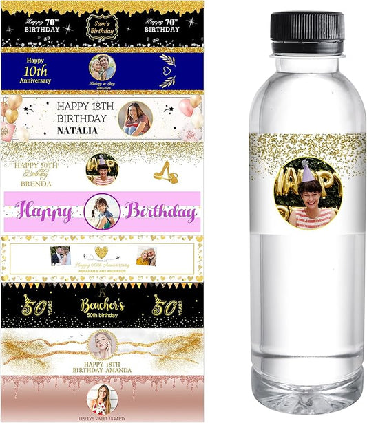 Personalized Water Bottle Labels for Birthday Anniversary Custom Happy Birthday Labels with Name for Water Bottle Stickers Waterproof Printable Photo Bottle Labels Gifts 50 Pcs