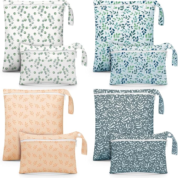 Reginary 8 Pack Wet Dry Bags Large & Small Waterproof Reusable Travel Zipper Pouches for Baby Diapers Family Wet Clothes Beach Swimsuits Toiletries(2 Sizes,Leaf,Multicolor)