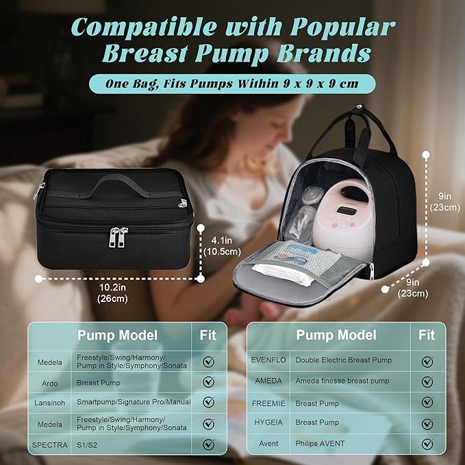 Breast Pump Bag with Insulated Cooler, Double-Layer Pumping Bag for Work & Travel, Fits Most Electric Breast Pumps, Includes 10 Ice Packs & Waterproof Mat, Detachable Bottle Cooler Tote, Black